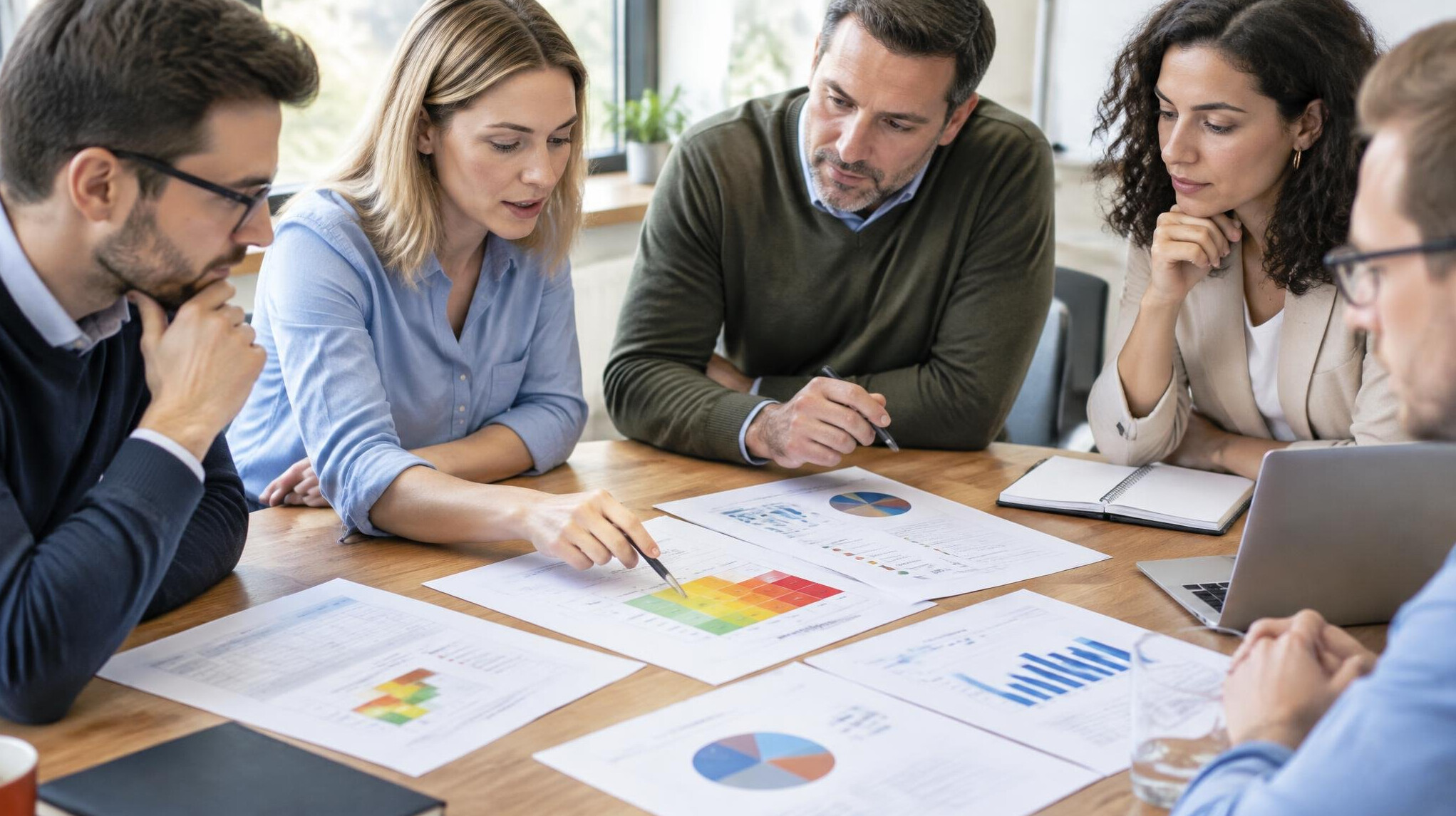 Colleagues analyzing risk documents and charts on a table