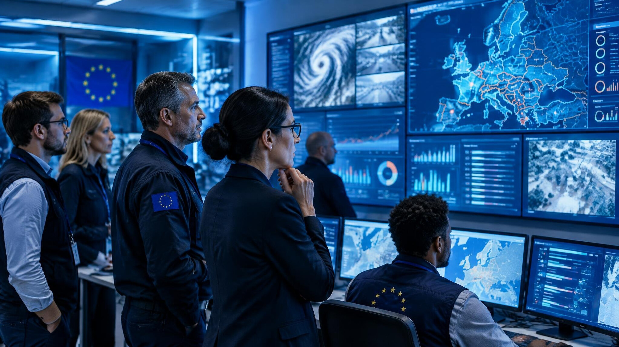 Crisis management team monitoring screens in a control room