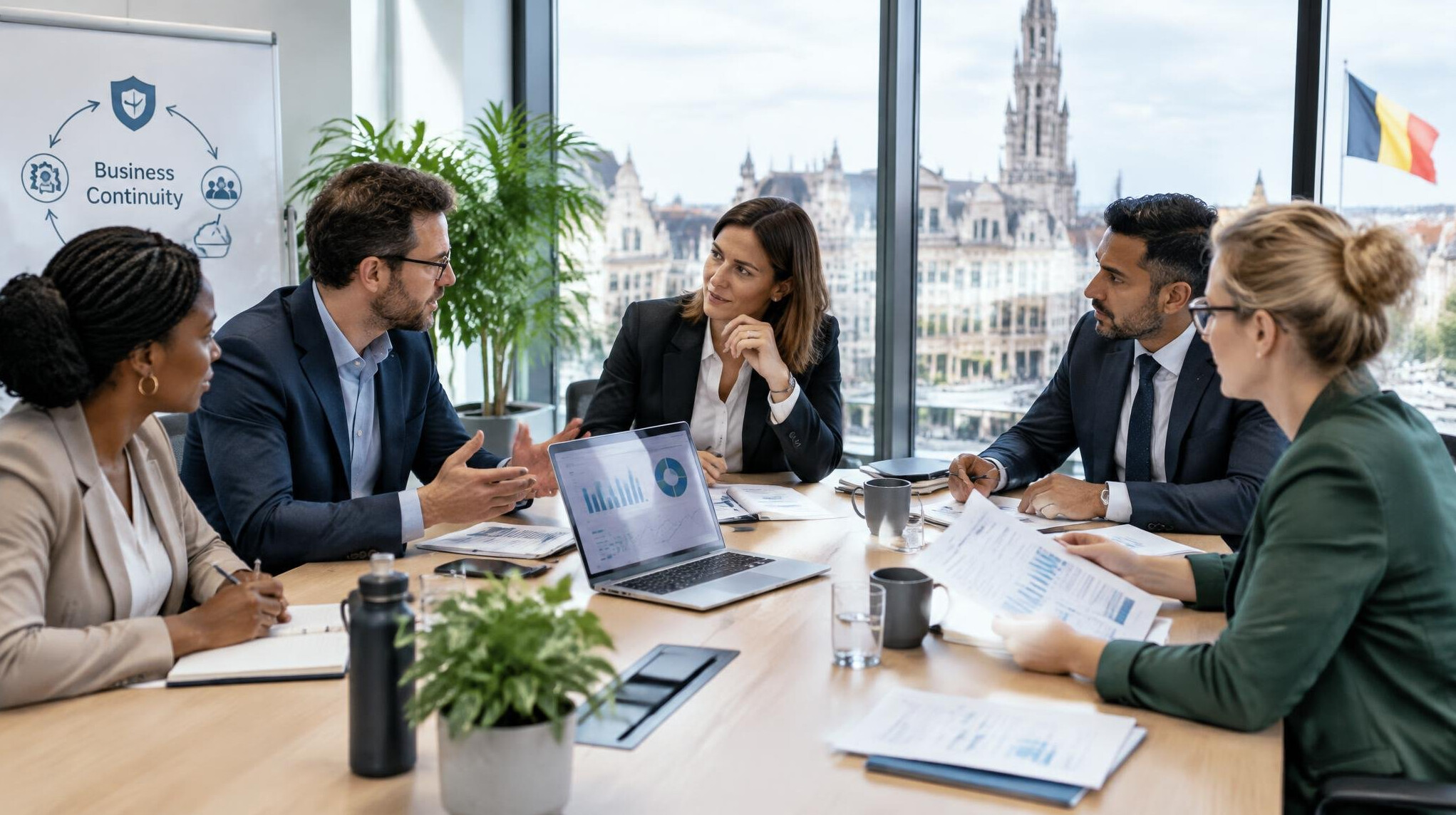 Belgian office team reviewing a business continuity plan around a table
